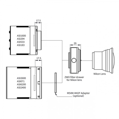 ZWO Filterschublade f�r Nikon Objektive - passend f�r 2 Filter